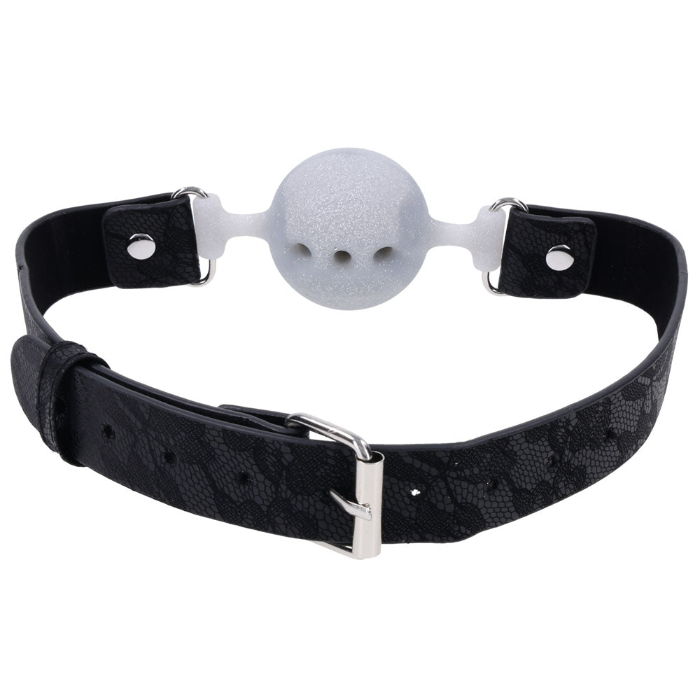 Sex & Mischief Lace Silicone Breathable Ball Gag - Black/Grey Mouth Restraint with lace-etched straps for intimate play.