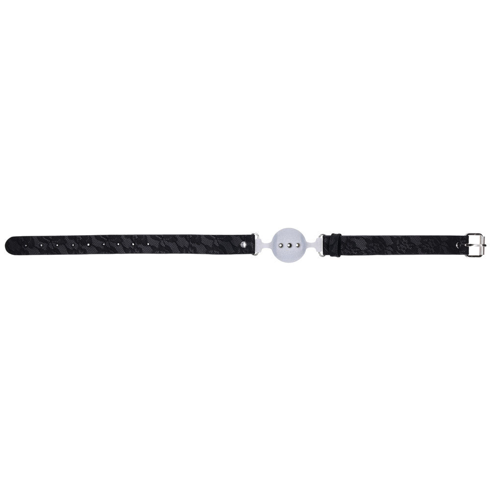 Sex & Mischief Lace Silicone Breathable Ball Gag - Black/Grey Mouth Restraint with leather strap design