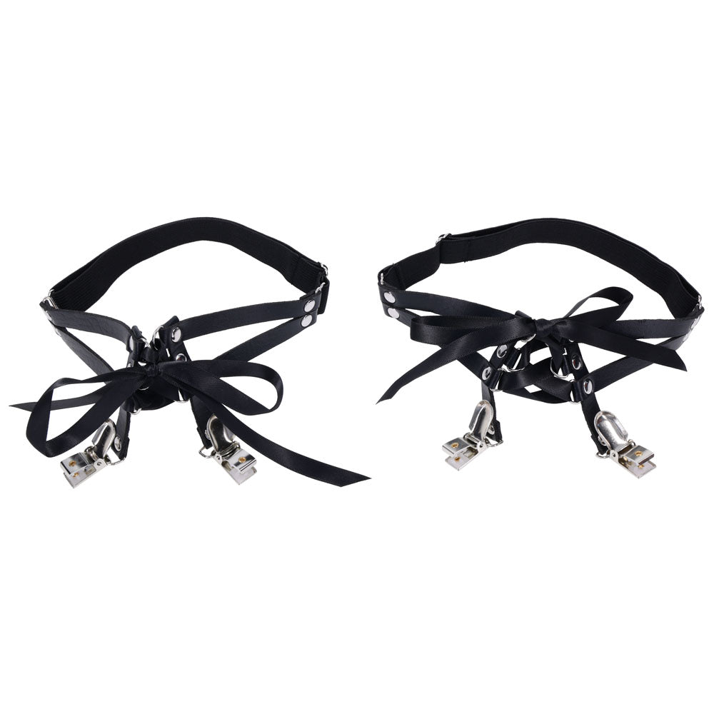 Sex & Mischief Laced Up Garters -  Garters featuring black satin and faux leather design with adjustable fit.