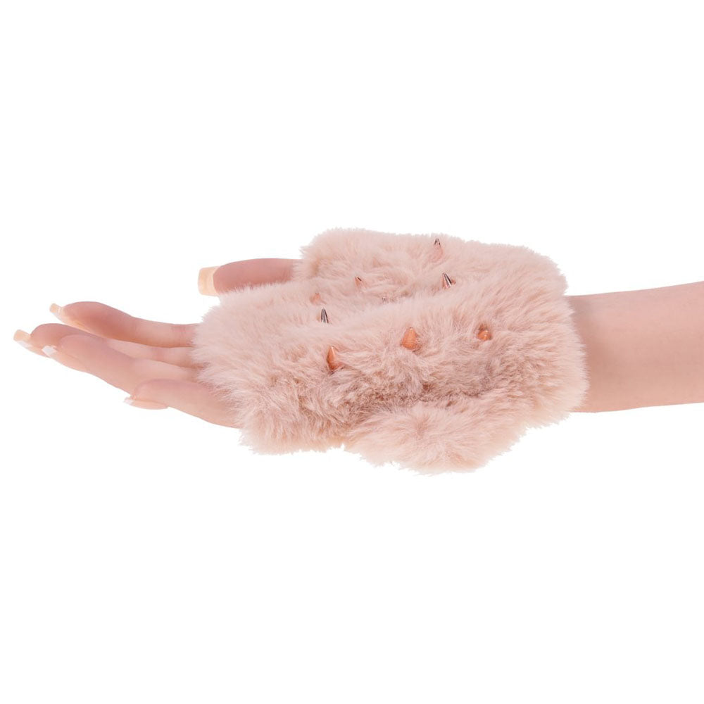 Sex & Mischief Peaches n CreaMe Spiked Sensory Glove - Peach Furry Glove with Metal Spikes on a hand.