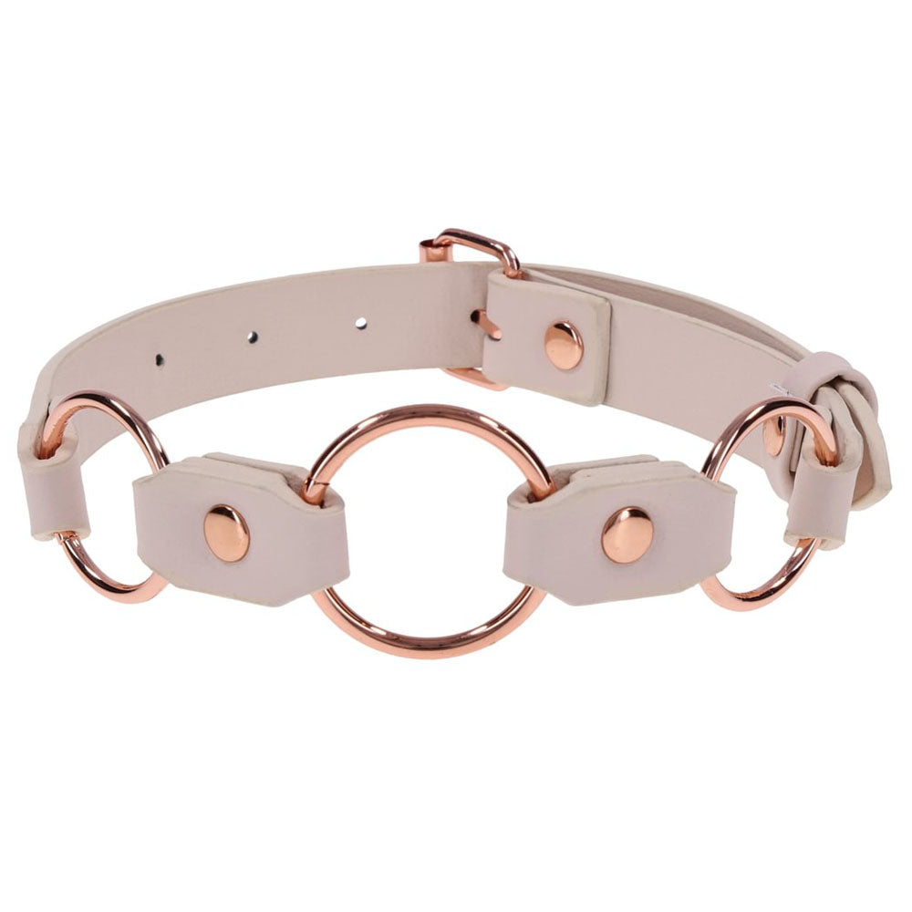 Sex & Mischief Peaches n CreaMe Ring Day Collar - Peach Bondage Collar with rose gold rings and faux leather.