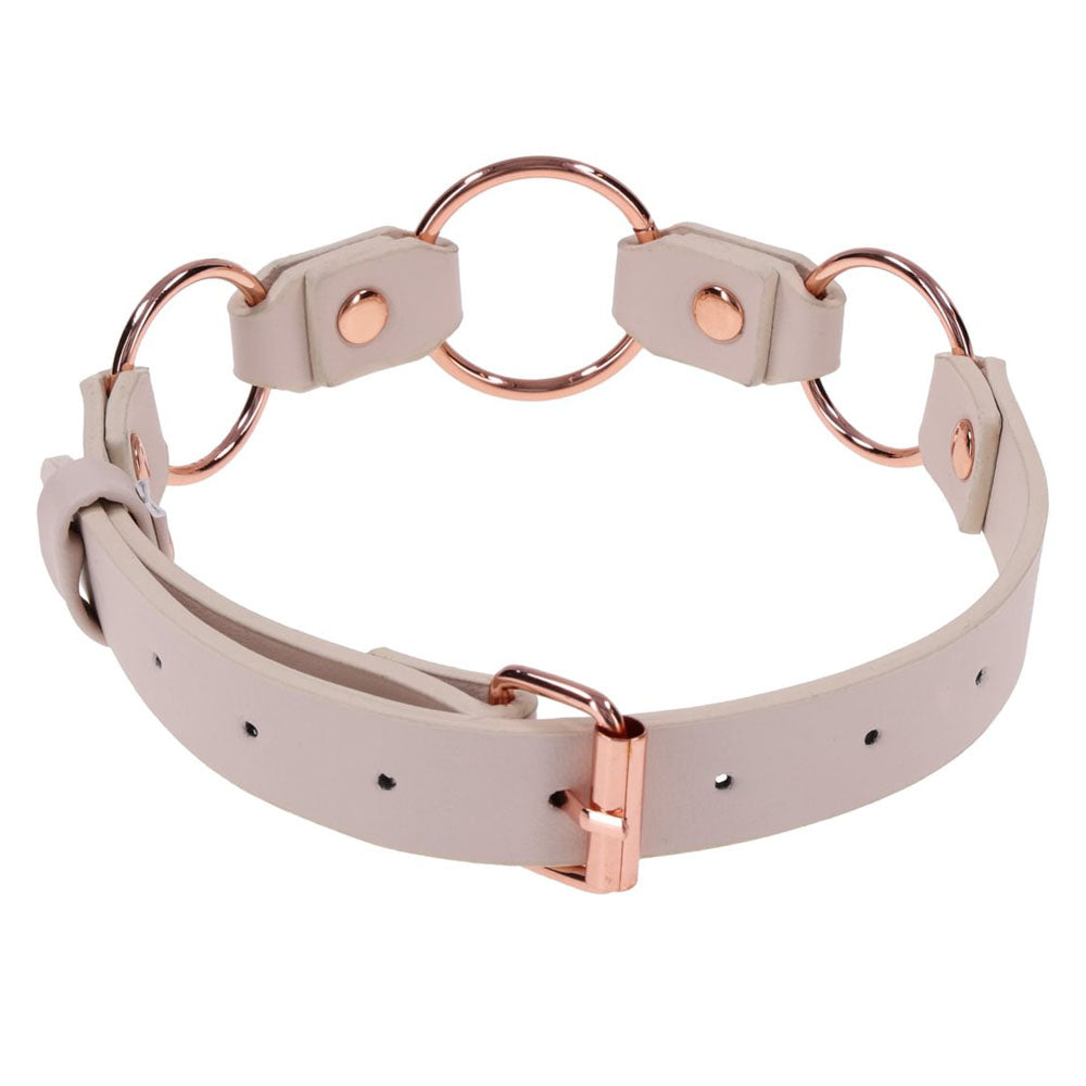 Sex & Mischief Peaches n CreaMe Ring Day Collar - Peach Bondage Collar with rose gold rings and faux leather.