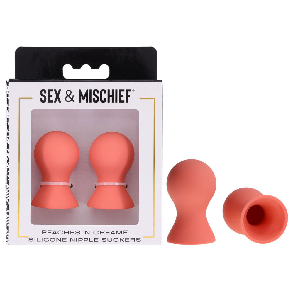 Sex & Mischief Peaches n CreaMe silicone nipple suckers set featuring two soft peach nipple suckers for enhanced pleasure.