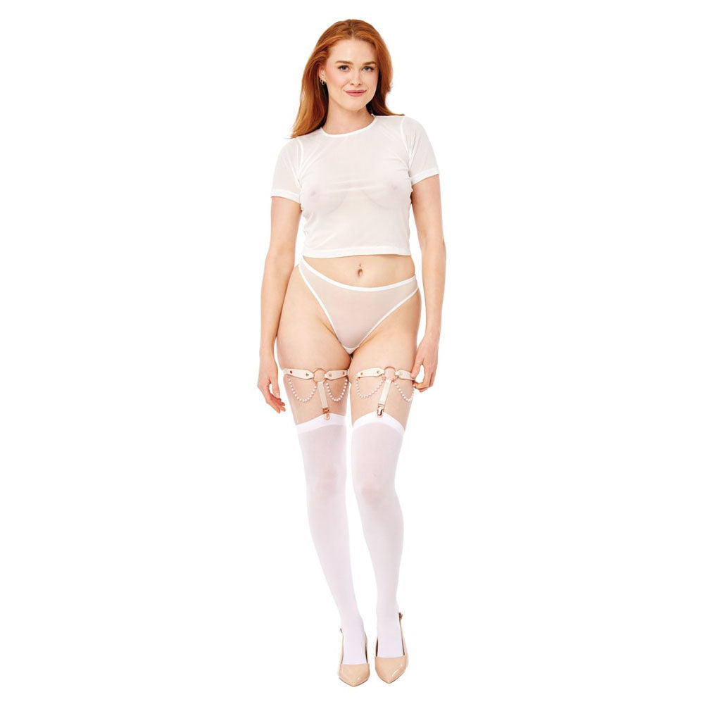 Sex & Mischief Peaches n CreaMe Pearl Garters - Peach / Rose Gold Garters with Pearls - Set of 2 worn with outfit