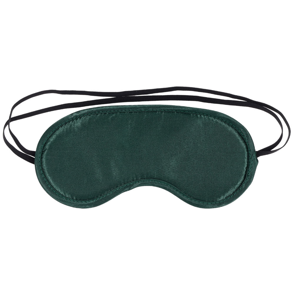 Sex & Mischief Indica Blindfold -  Eye Mask in emerald green satin with dual elastic straps for comfort.