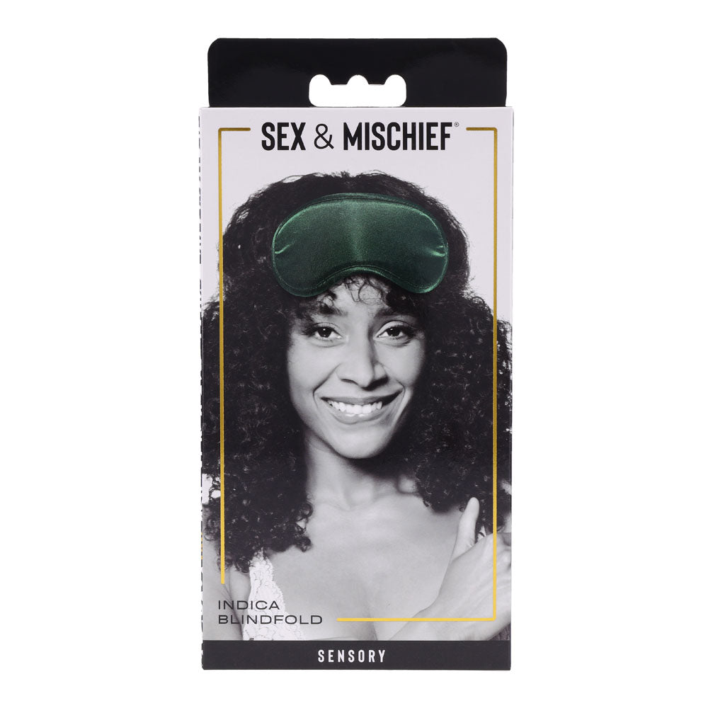 Sex & Mischief Indica Blindfold - Eye Mask packaging featuring a smiling model with an emerald green satin blindfold.