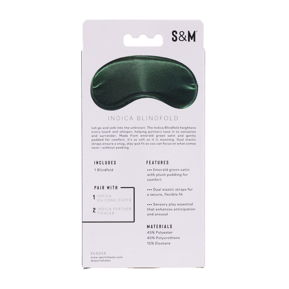 Sex & Mischief Indica Blindfold -  Eye Mask packaging showcasing emerald green satin, features, and materials.