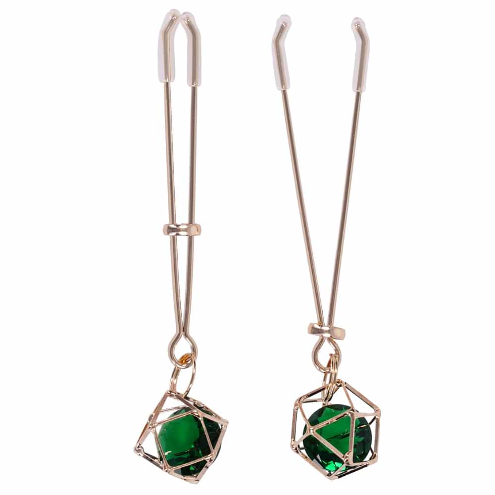 Sex & Mischief Indica Crystal Nipple Clips - Gold Nipple Clips with Emerald Gems Sportsheets Discreet Intimate Essentials.