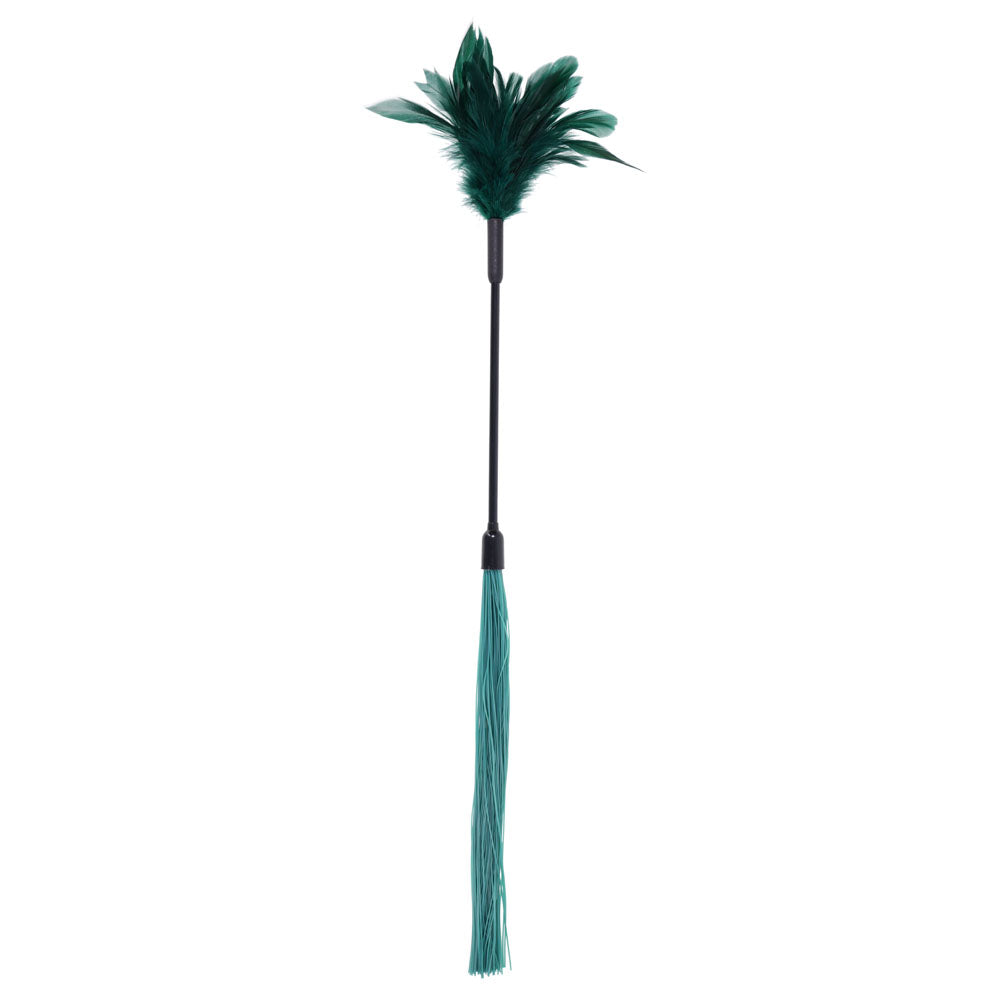 Sex & Mischief Indica Feather Tickler -  Feather Tickler Whip with soft green feathers for intimate sensory play.