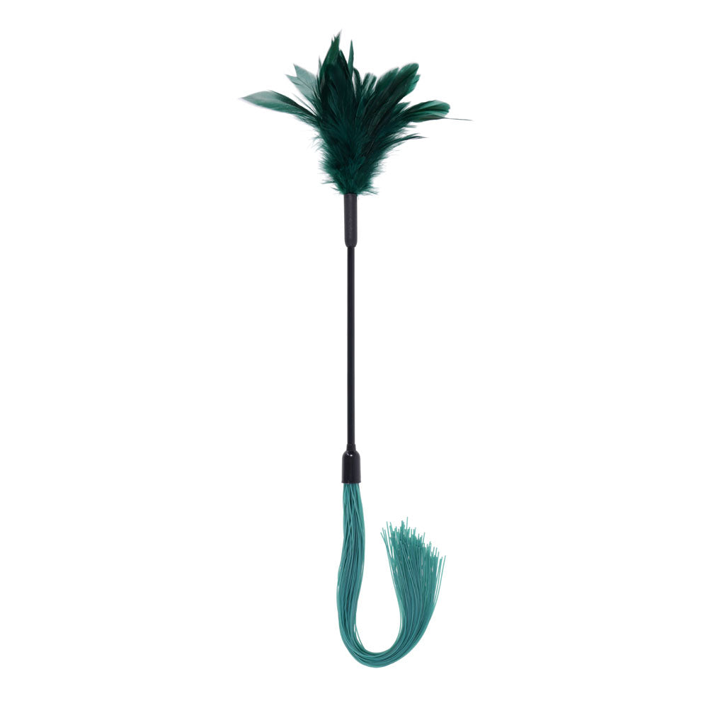 Sex & Mischief Indica Feather Tickler -  Feather Tickler Whip in teal with feather and silicone ends for sensory play.