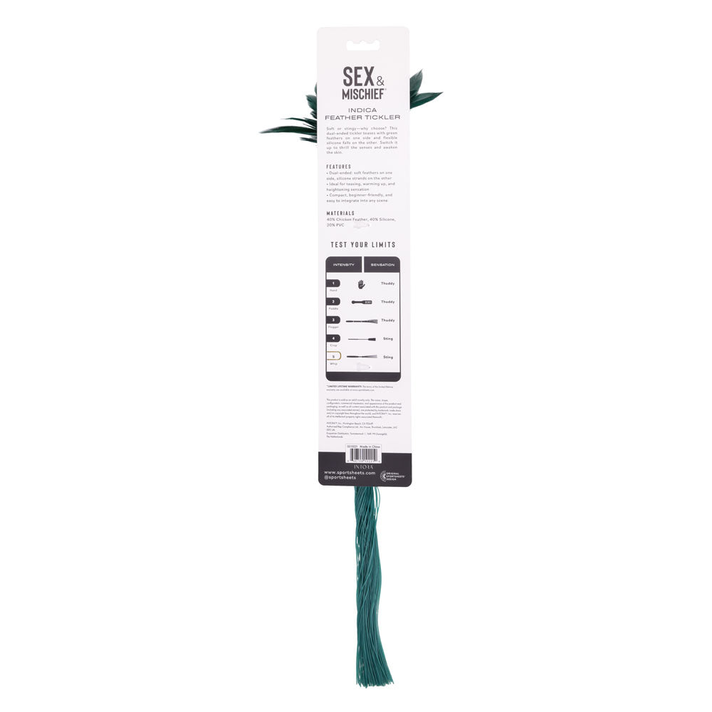 Sex & Mischief Indica Feather Tickler -  Feather Tickler Whip packaging showcasing its dual-ended design and features.