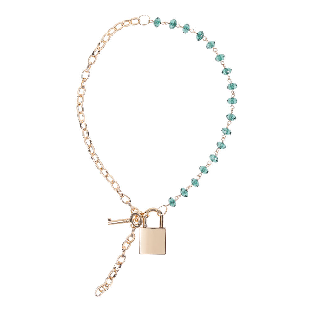 Sex & Mischief Indica Crystal Day Collar - Gold/Emerald Lockable Collar featuring gold chain and green gem accents.