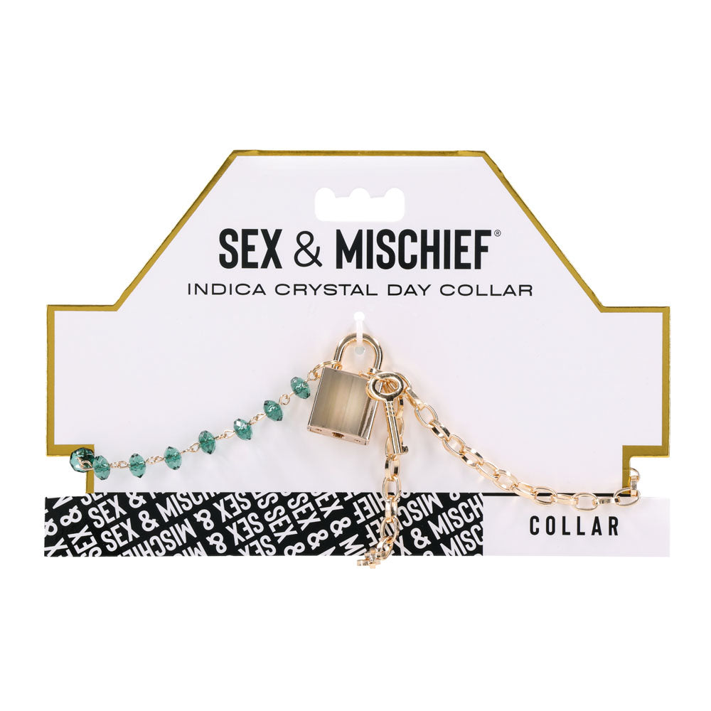 Sex & Mischief Indica Crystal Day Collar - Gold/Emerald Lockable Collar with green gems and gold chain.