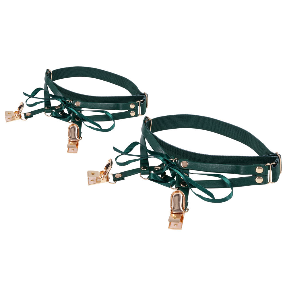 Sex & Mischief Indica Laced Up Garters - /Gold Garters - Set of 2 featuring emerald faux leather and silky satin laces.