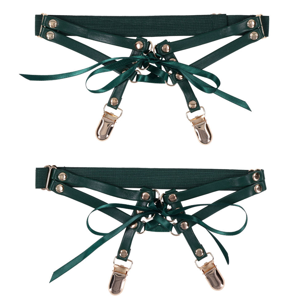 Sex & Mischief Indica Laced Up Garters - /Gold Garters - Set of 2 featuring emerald faux leather and silky green satin ties.