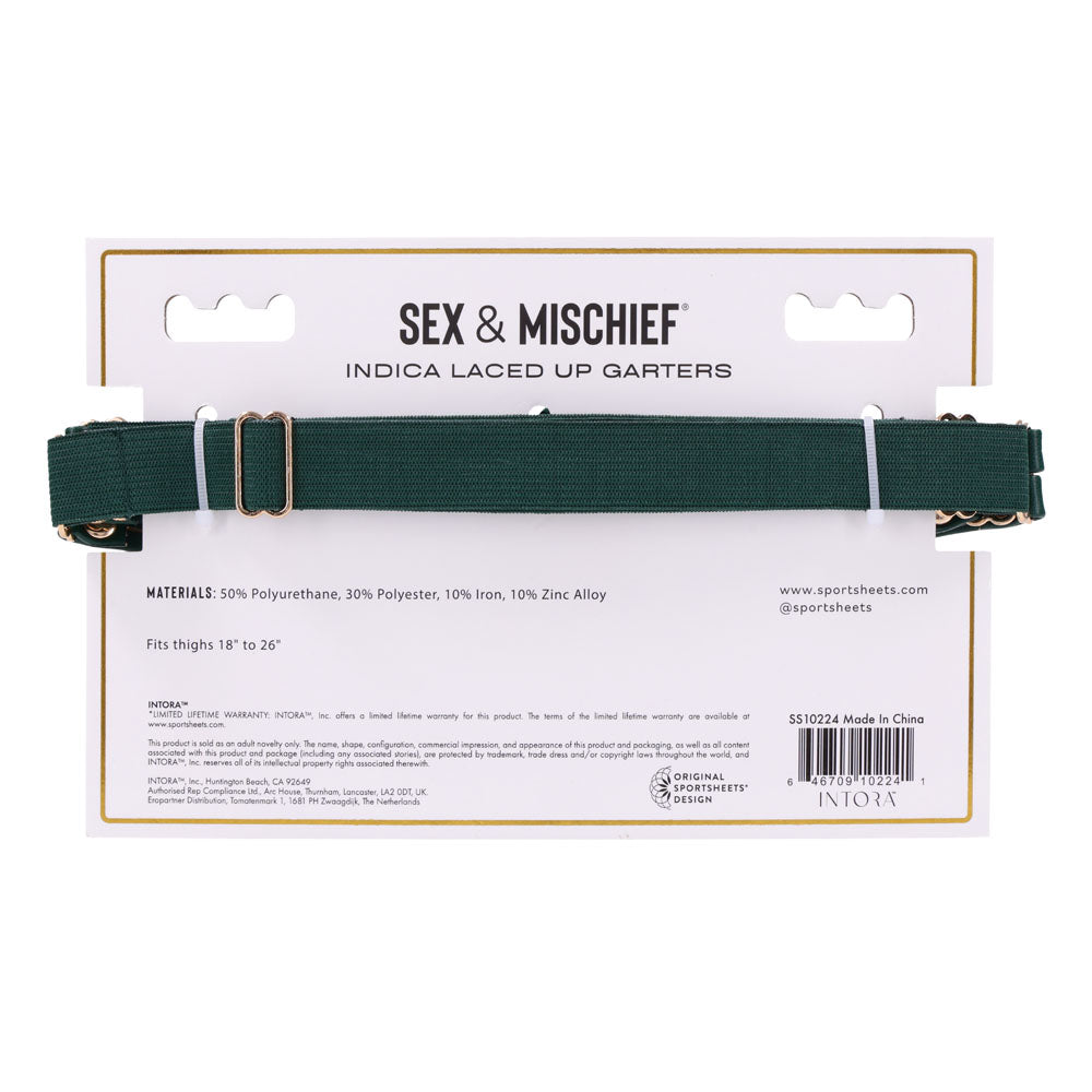 Sex & Mischief Indica Laced Up Garters - /Gold Garters - Set of 2 packaging with materials and size information.