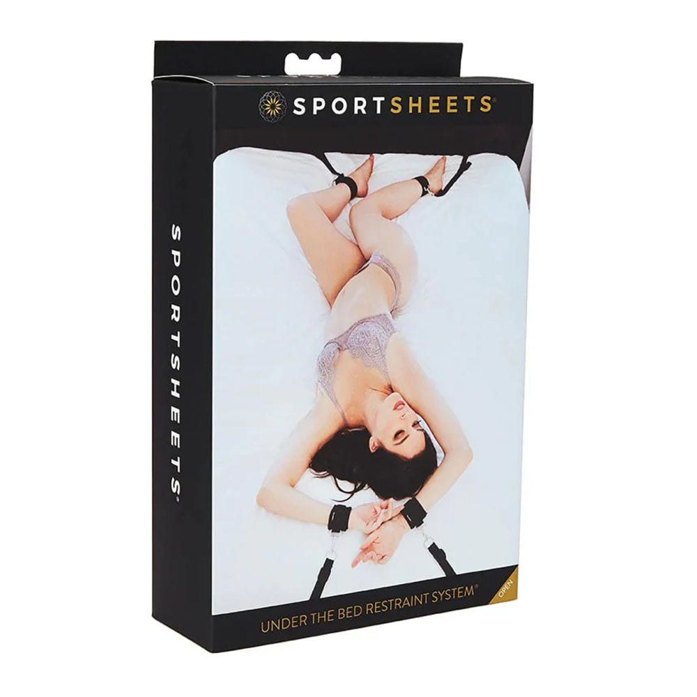 SPORTSHEETS Under The Bed Restraints - Bed Restraint System packaging featuring a model using the restraints.
