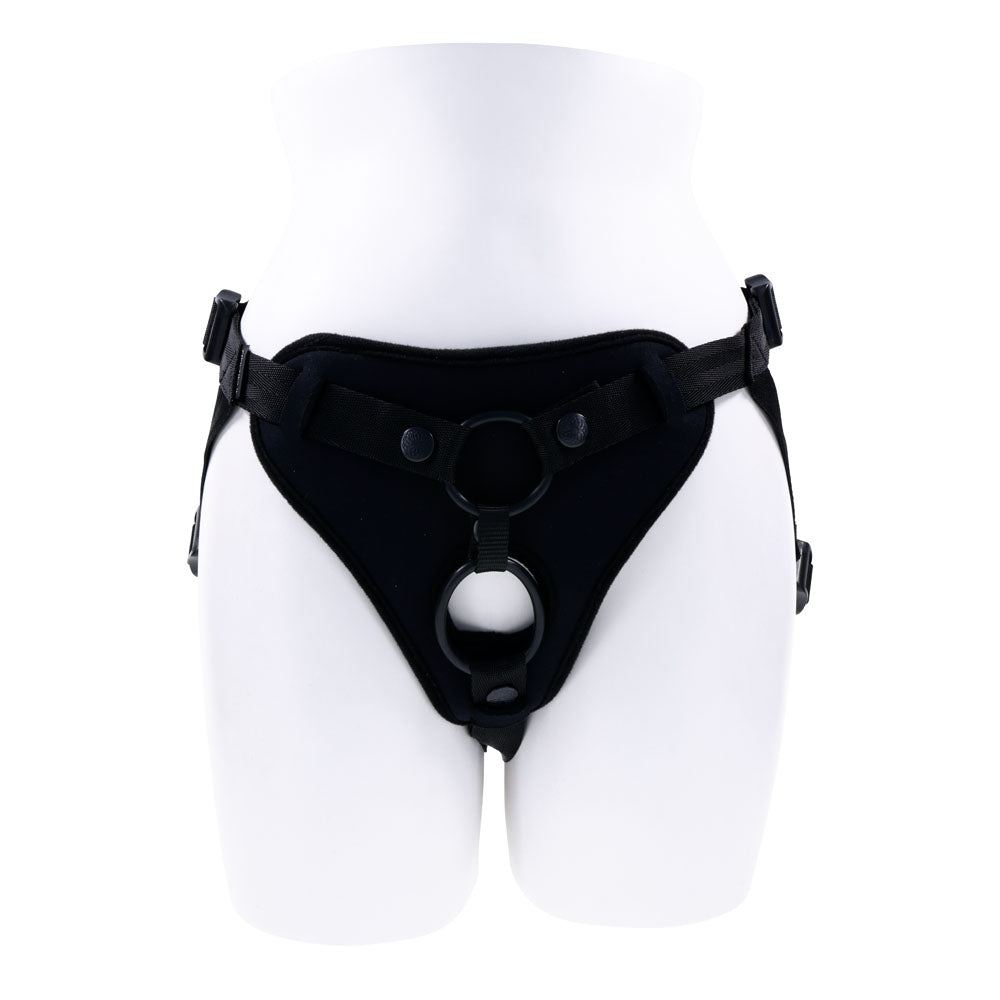 SPORTSHEETS Dual Desires Strap On -  Adjustable Strap-On Harness (No Probe Included) displayed on a mannequin.