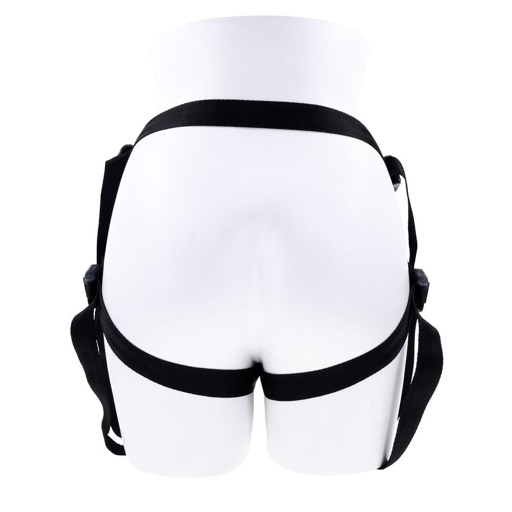 SPORTSHEETS Dual Desires Strap On -  Adjustable Strap-On Harness (No Probe Included) on a mannequin.