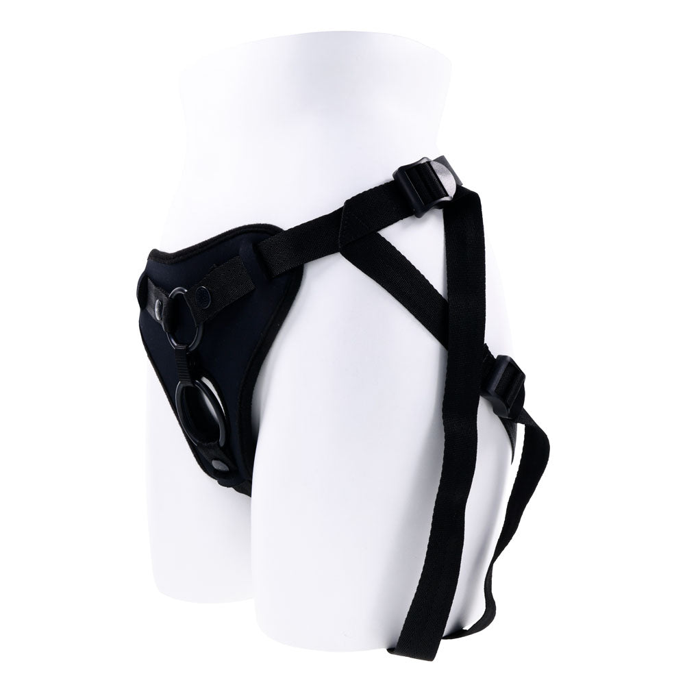 SPORTSHEETS Dual Desires Strap On -  Adjustable Strap-On Harness (No Probe Included) displayed on a mannequin.