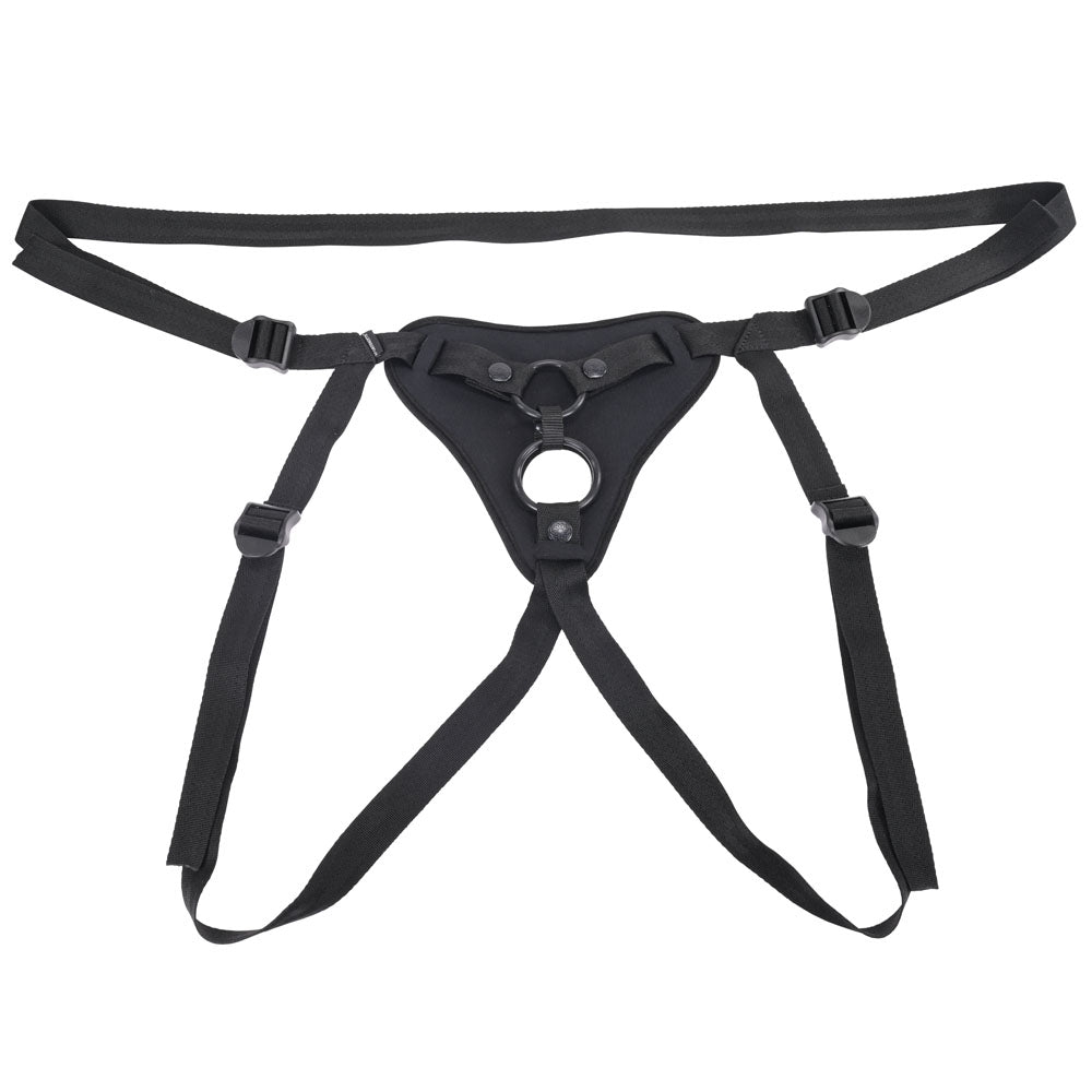 SPORTSHEETS Dual Desires Strap On -  Adjustable Strap-On Harness (No Probe Included) shown in black with adjustable straps.