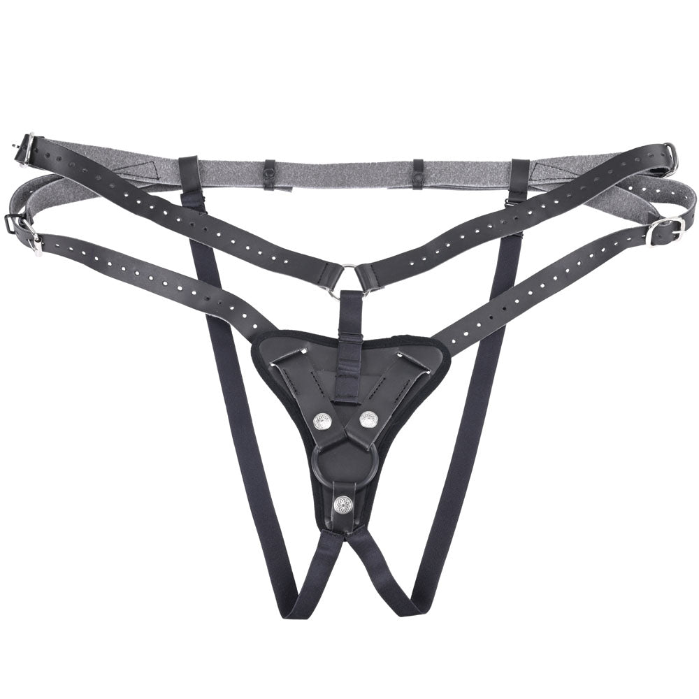 SPORTSHEETS Aurora High Waisted Strap On -  Adjustable Strap-On Harness (No Probe Included) - black leather design.