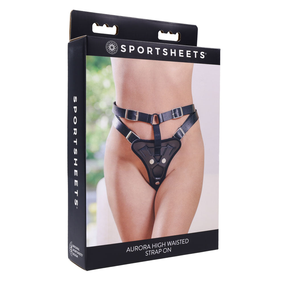 SPORTSHEETS Aurora High Waisted Strap On -  Adjustable Strap-On Harness (No Probe Included) on display packaging.