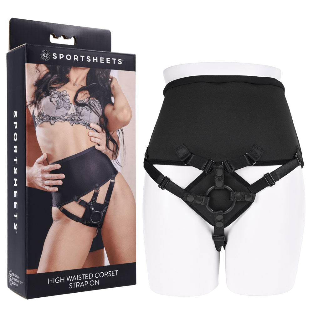 SPORTSHEETS High Waisted Corset Strap On -  Adjustable Strap-On Harness (No Probe Included) on display with packaging.
