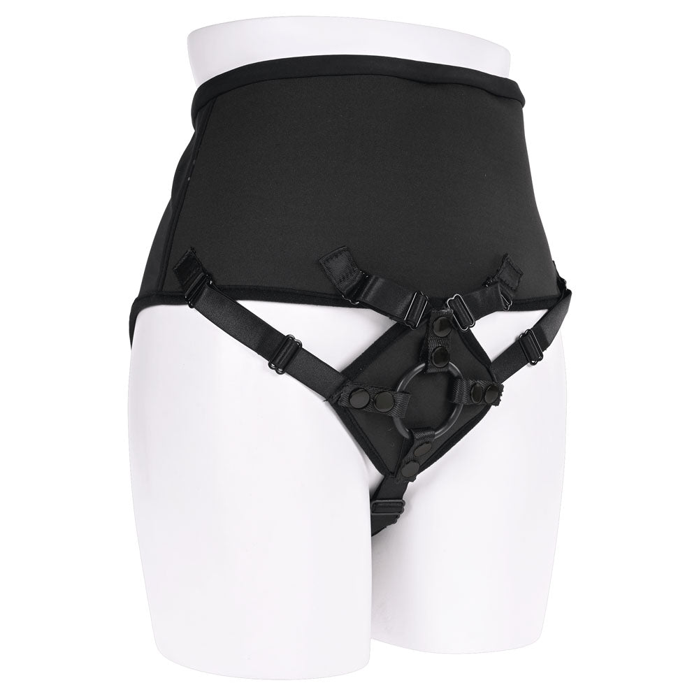 SPORTSHEETS High Waisted Corset Strap On - Adjustable Strap-On Harness (No Probe Included) displayed on a mannequin.