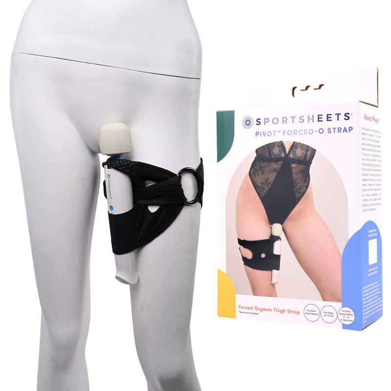 Pivot 2 in 1 Forced-O Strap - Thigh Harness for Massagers displayed on a model, showcasing its functionality and design.