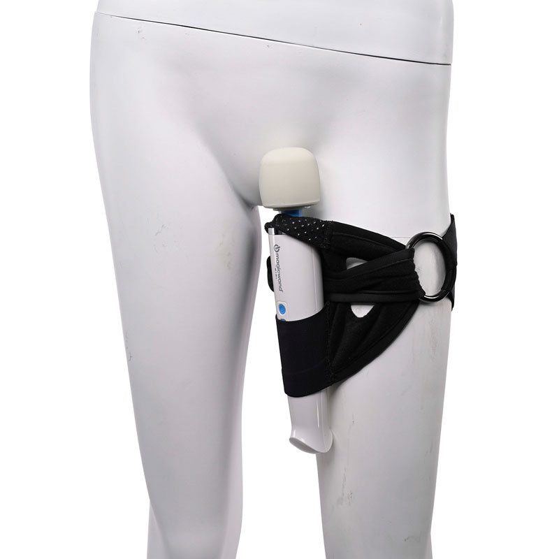 Pivot 2 in 1 Forced-O Strap - Thigh Harness for Massagers securely holding a wand vibrator for hands-free pleasure.