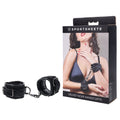 SPORTSHEETS Velvet Noir Handcuffs - Adjustable Cuff Restraints with packaging and model showcasing intimate essentials.