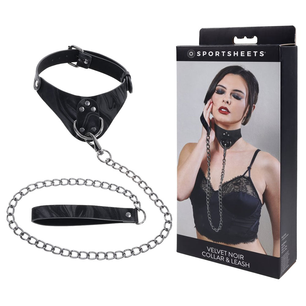 SPORTSHEETS Velvet Noir Collar & Leash - Restraint & Leash displayed with a model and packaging, showcasing elegance and functionality.