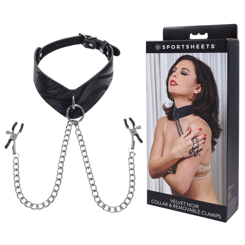 SPORTSHEETS Velvet Noir Collar & Removable Clamps - Neck & Nipple Restraints displayed with model and packaging.