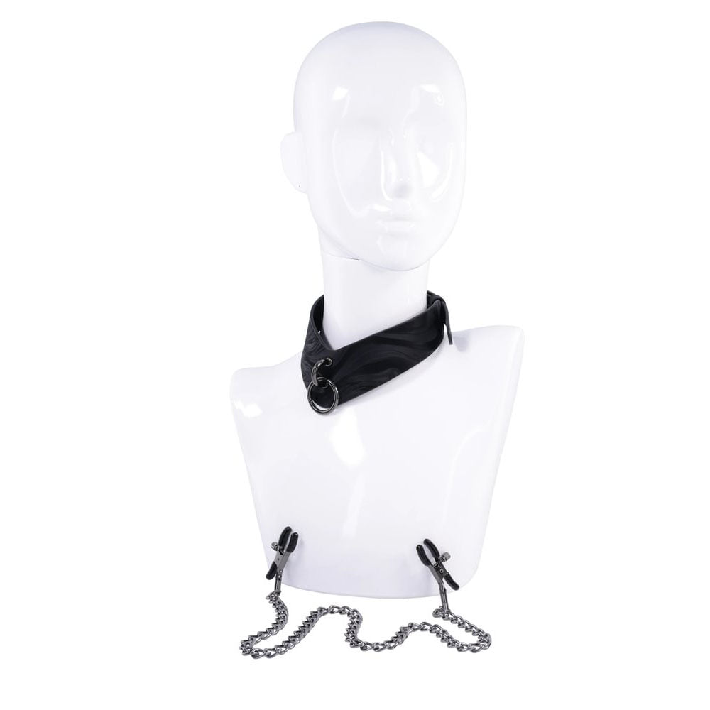 SPORTSHEETS Velvet Noir Collar & Removable Clamps - Neck & Nipple Restraints displayed on a mannequin with chain and clamps.