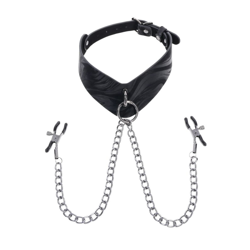 SPORTSHEETS Velvet Noir Collar & Removable Clamps -  Neck & Nipple Restraints with chains and nipple clamps.