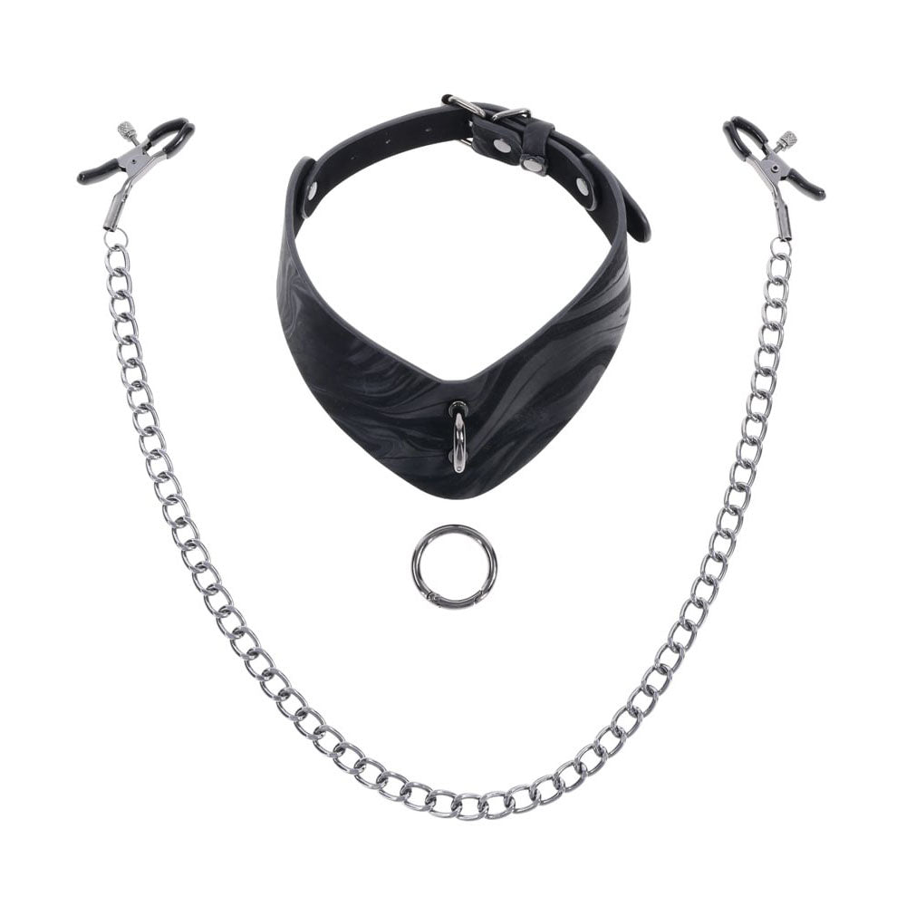 SPORTSHEETS Velvet Noir Collar & Removable Clamps - Neck & Nipple Restraints with chain and ring.