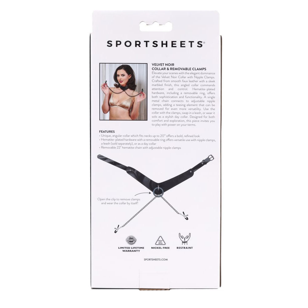 SPORTSHEETS Velvet Noir Collar & Removable Clamps -  Neck & Nipple Restraints product packaging with features and model.