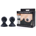 SPORTSHEETS Velvet Noir Silicone Nipple Suckers in packaging with two black silicone nipple suckers featured.