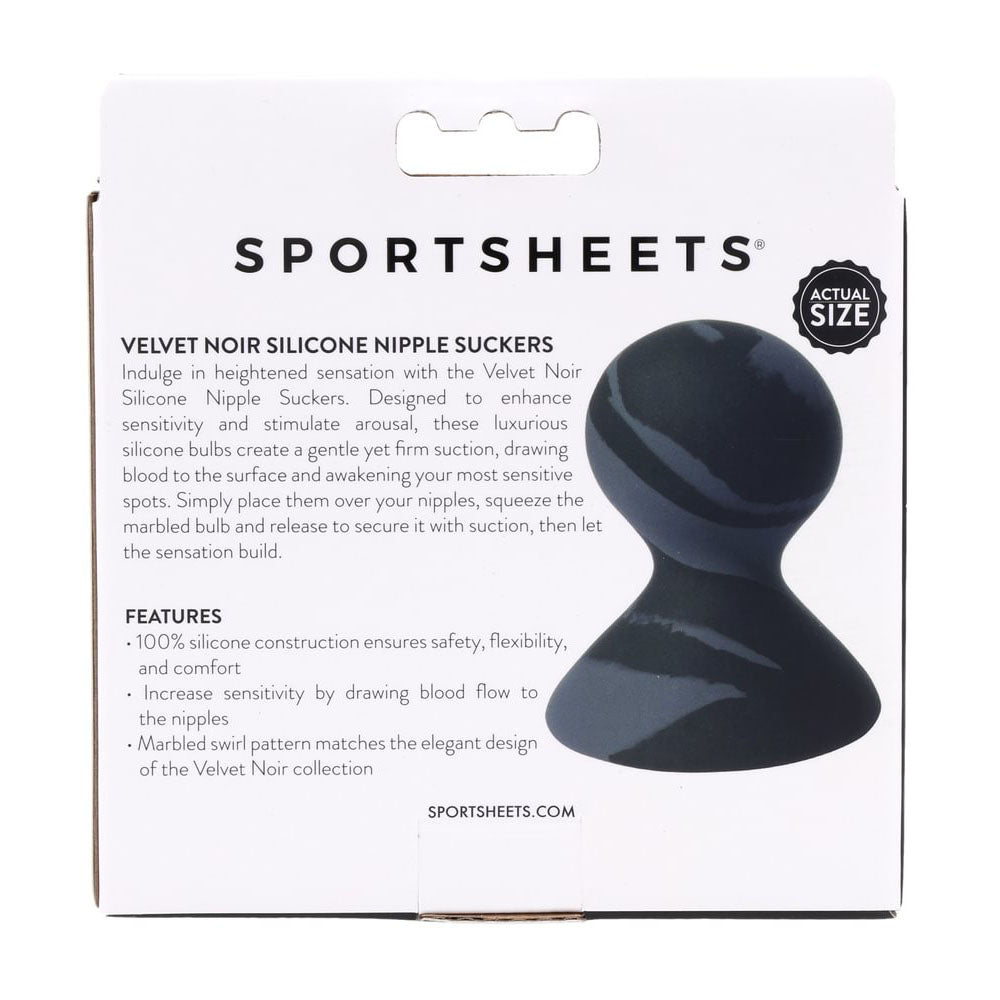SPORTSHEETS Velvet Noir Silicone Nipple Suckers - /Grey Nipple Suckers - Set of 2 packaging showcasing features and elegant design.