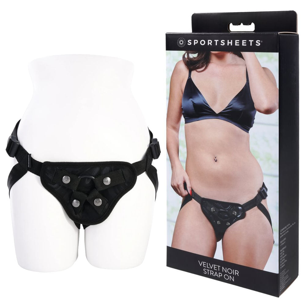 SPORTSHEETS Velvet Noir Strap On -  Adjustable Strap-On Harness (No Probe Included) displayed on a mannequin with packaging.