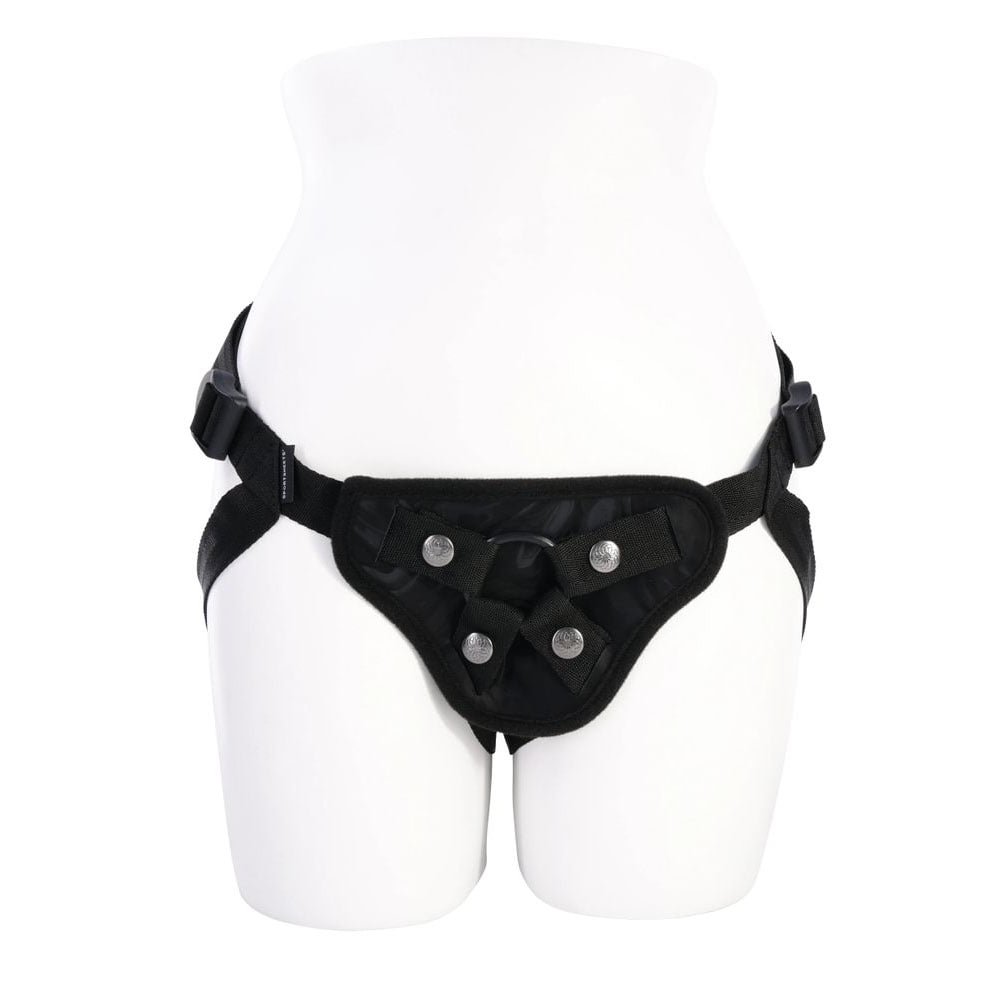 SPORTSHEETS Velvet Noir Strap On -  Adjustable Strap-On Harness (No Probe Included) shown on a display mannequin.
