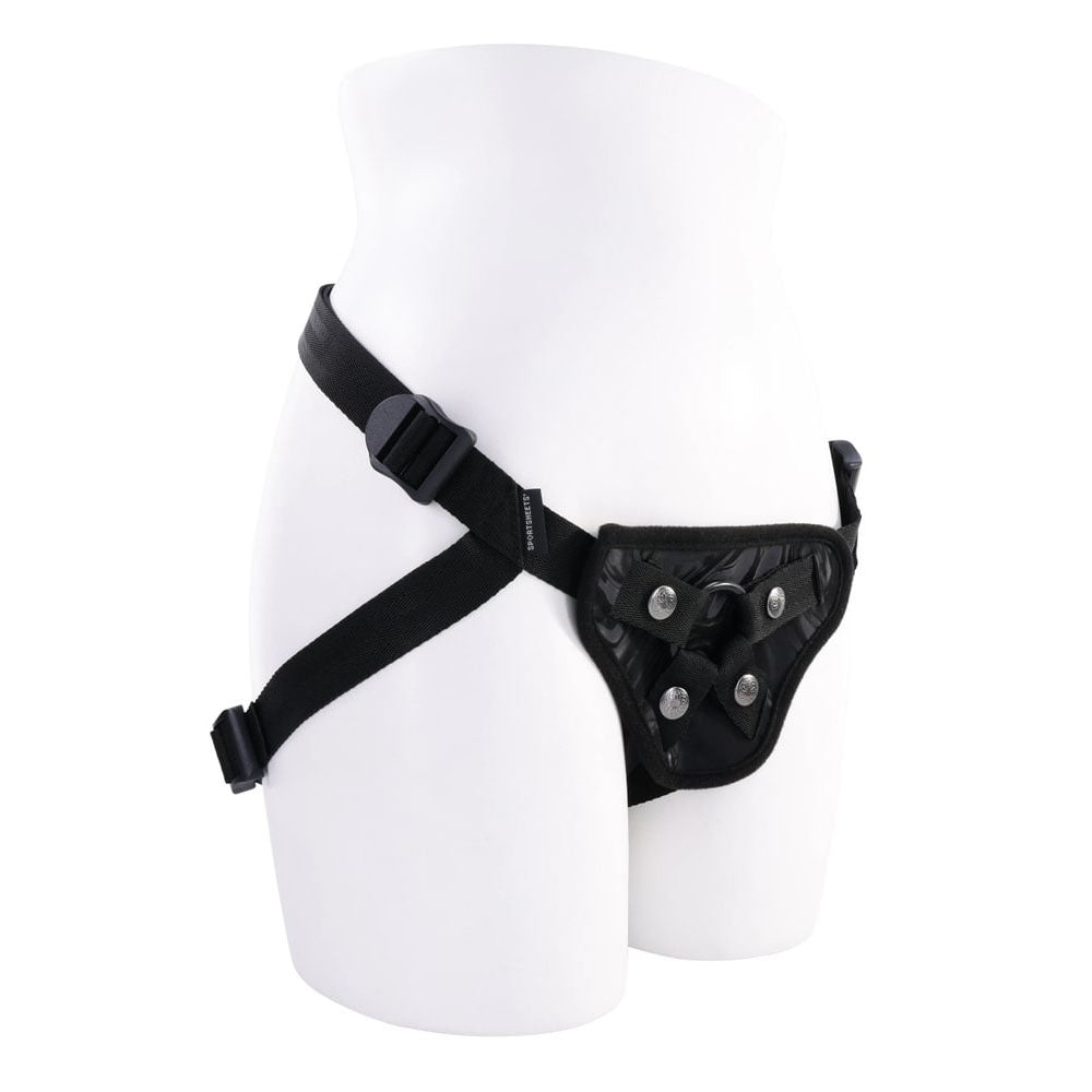 SPORTSHEETS Velvet Noir Strap On -  Adjustable Strap-On Harness (No Probe Included) on a mannequin showcasing its design.