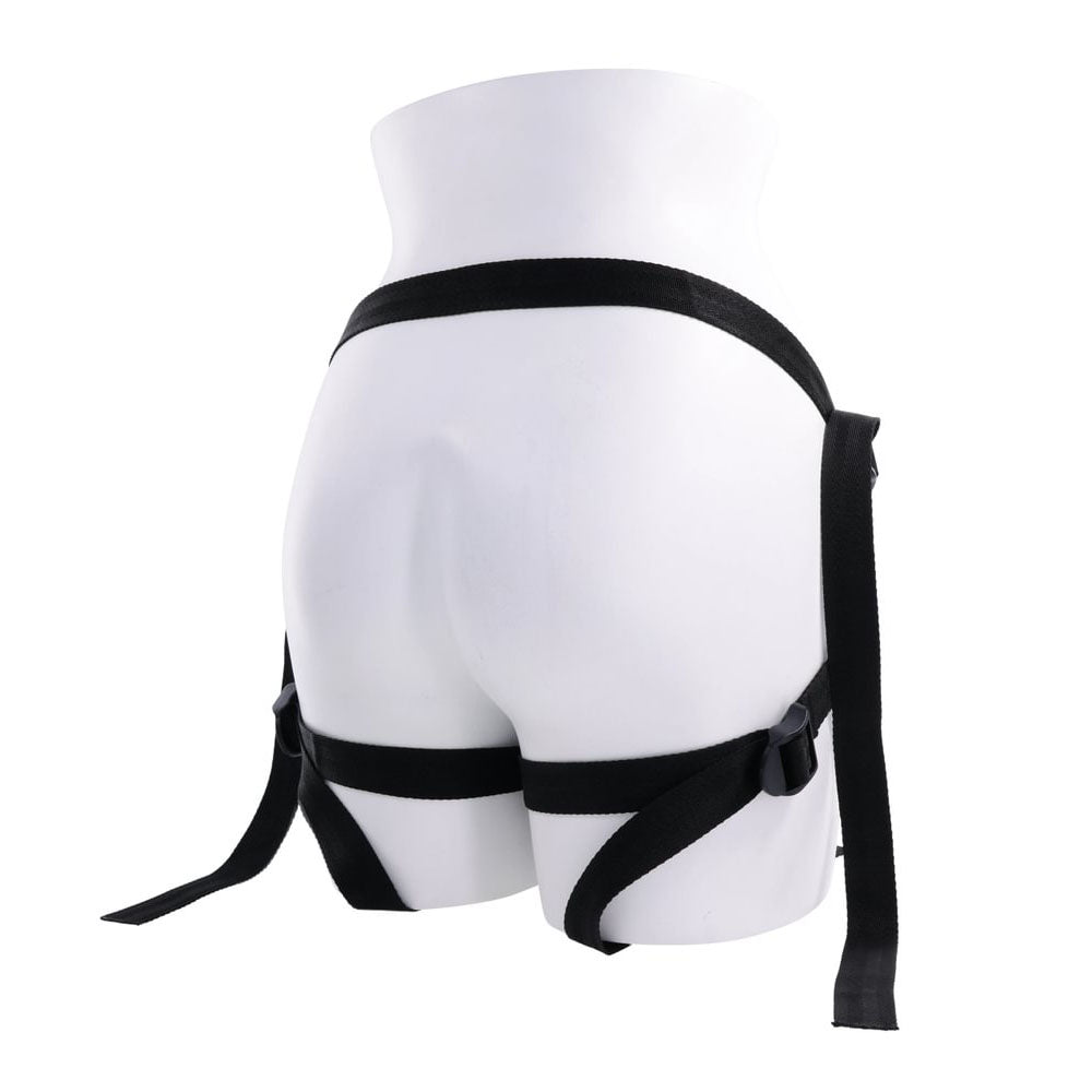 SPORTSHEETS Velvet Noir Strap On -  Adjustable Strap-On Harness (No Probe Included) on a mannequin rear view.