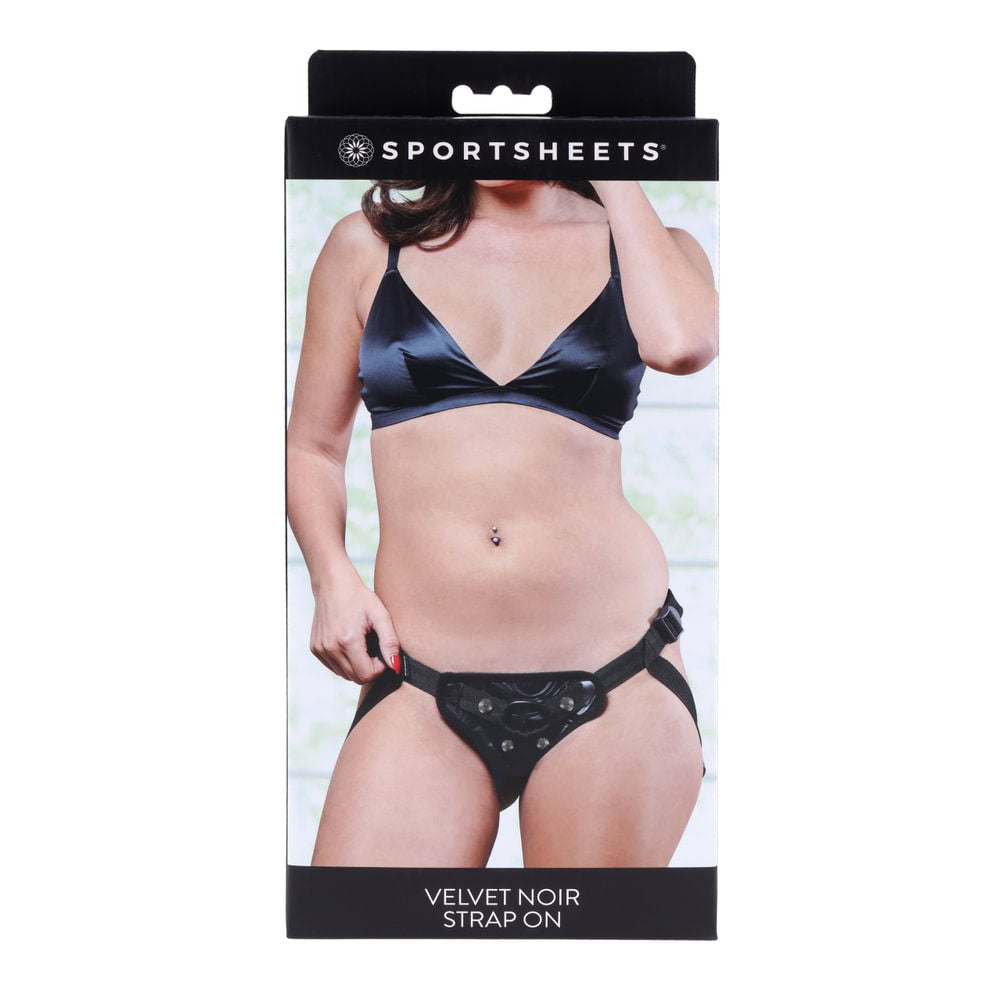 SPORTSHEETS Velvet Noir Strap On -  Adjustable Strap-On Harness (No Probe Included) packaging on display with model