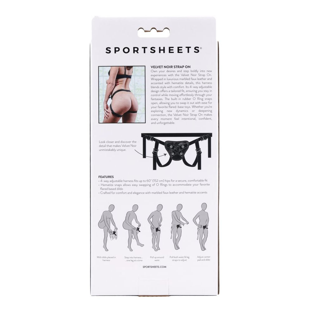 SPORTSHEETS Velvet Noir Strap On -  Adjustable Strap-On Harness (No Probe Included) packaging with features and photos.