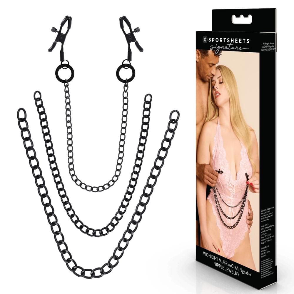 SPORTSHEETS Signature Midnight Muse exCHAINgeable Nipple Jewelry -  Nipple Clamps with Chain by Sportsheets from Discreet Intimate Essentials for  BONDAGE-TOYS, quality products at discount affordable prices.