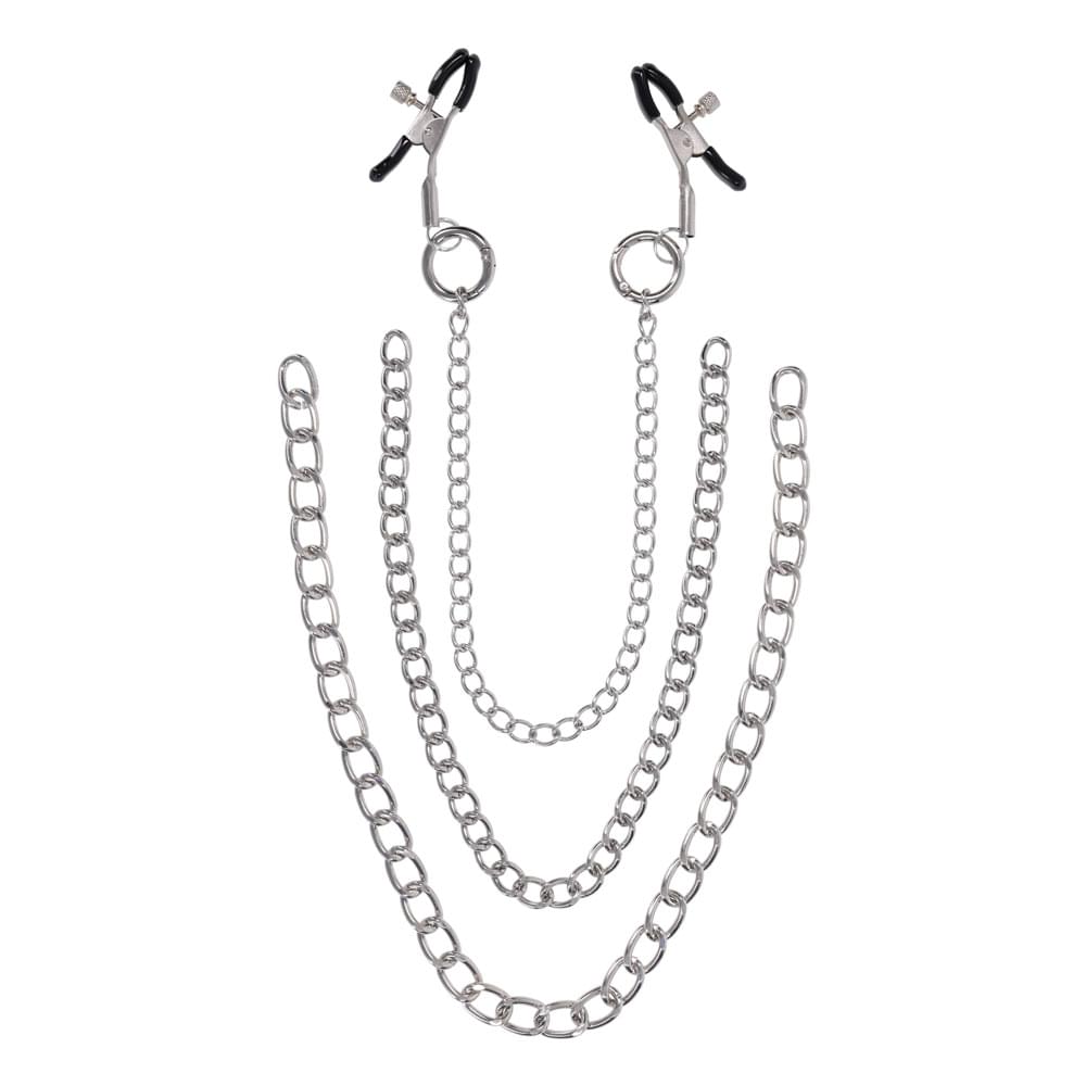SPORTSHEETS Signature exCHAINgeable Nipple Jewelry - Silver Nipple Clamps with Chain