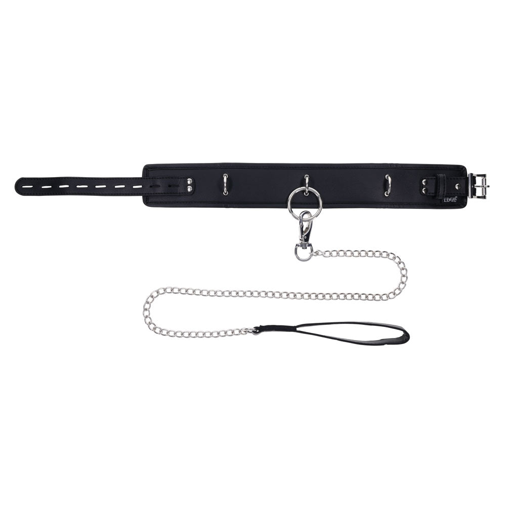 EDGE Collar & Leash - Neck Restraint with Heavy Duty Metal Leash in black faux leather with silver hardware.
