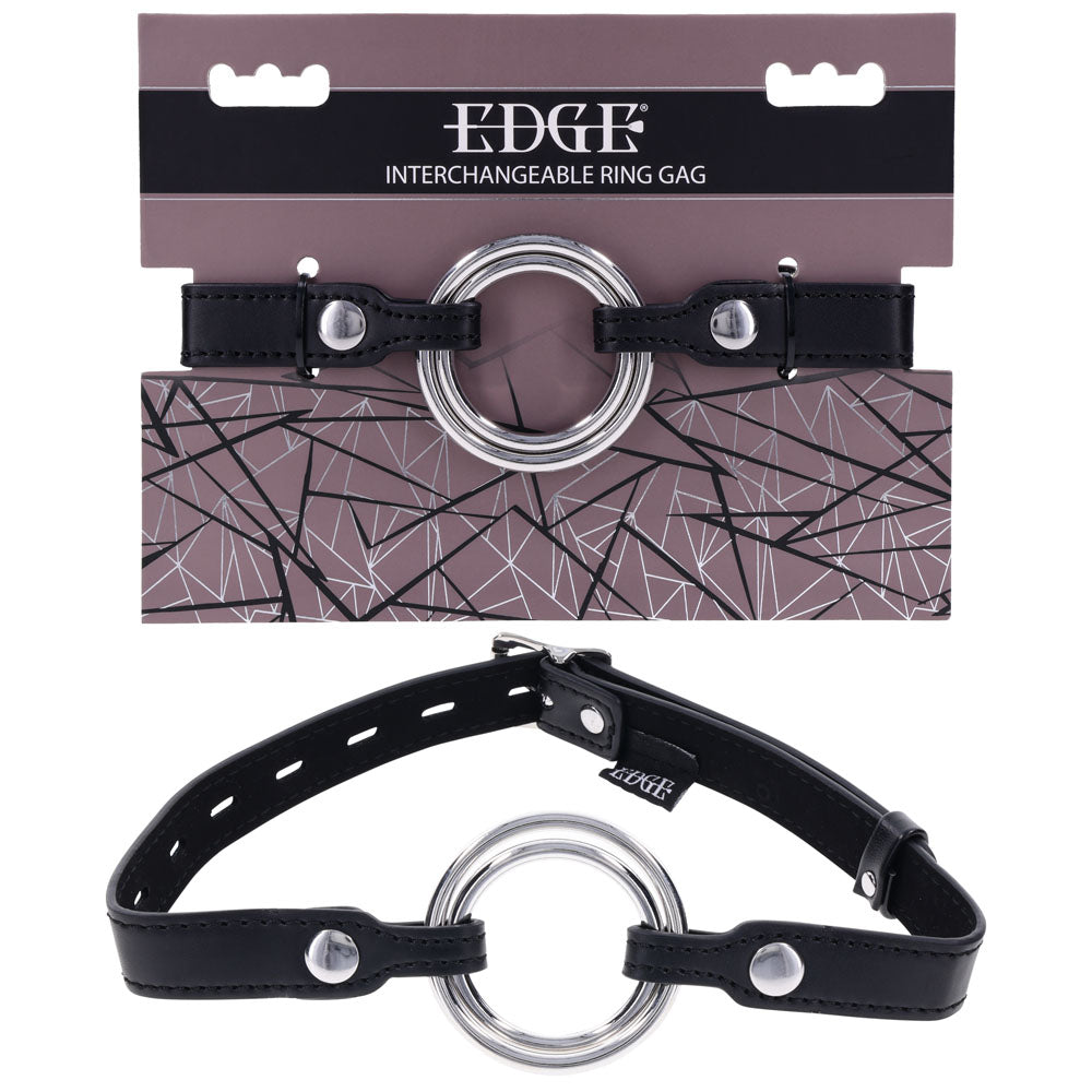 EDGE Interchangeable Ring Gag - Mouth Gag Restraint with 2 Interchangeable Pieces on display package.